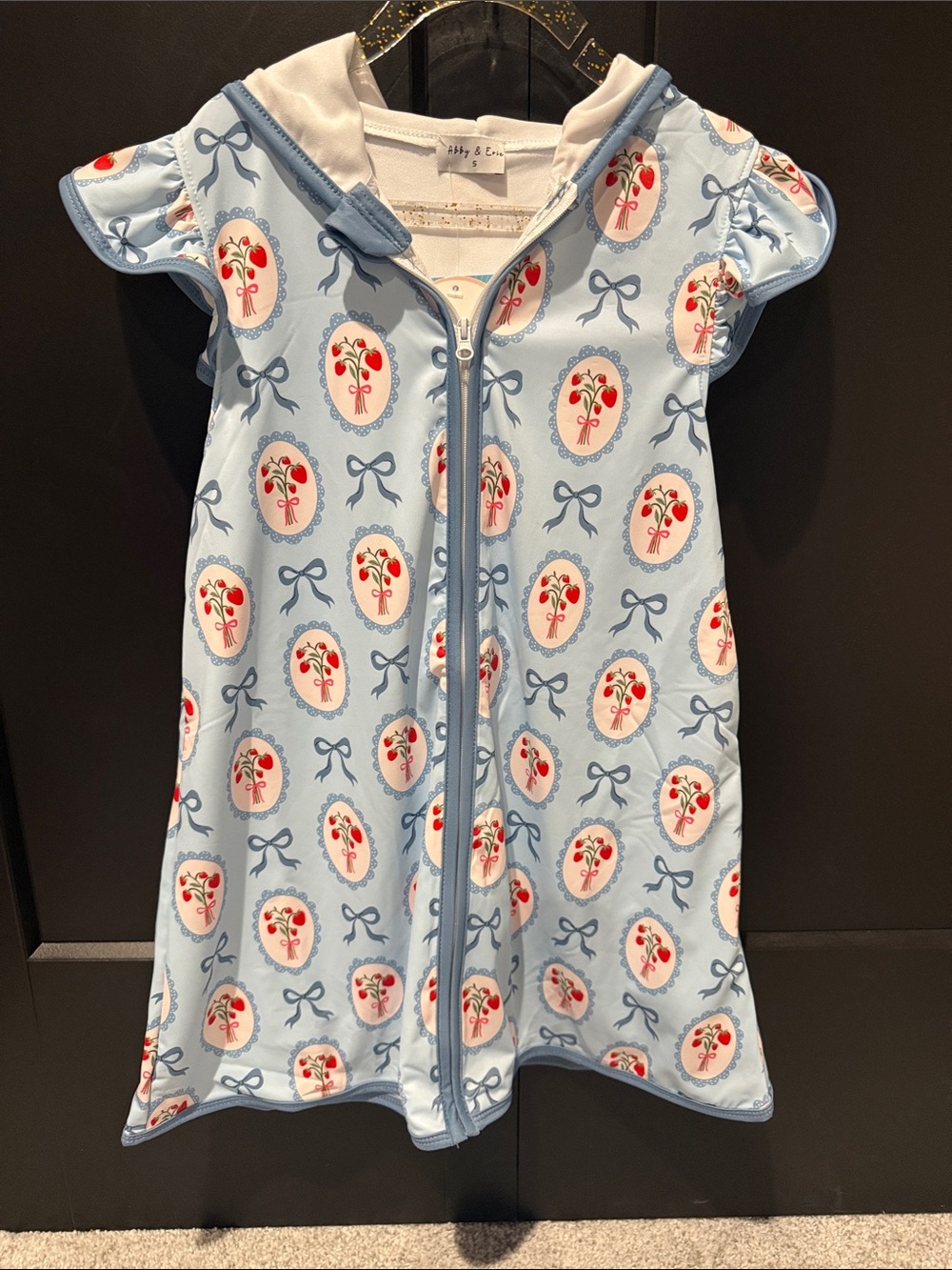 Kids Light Blue Hooded Zip up Swim Cover with Cherry Medallion Print